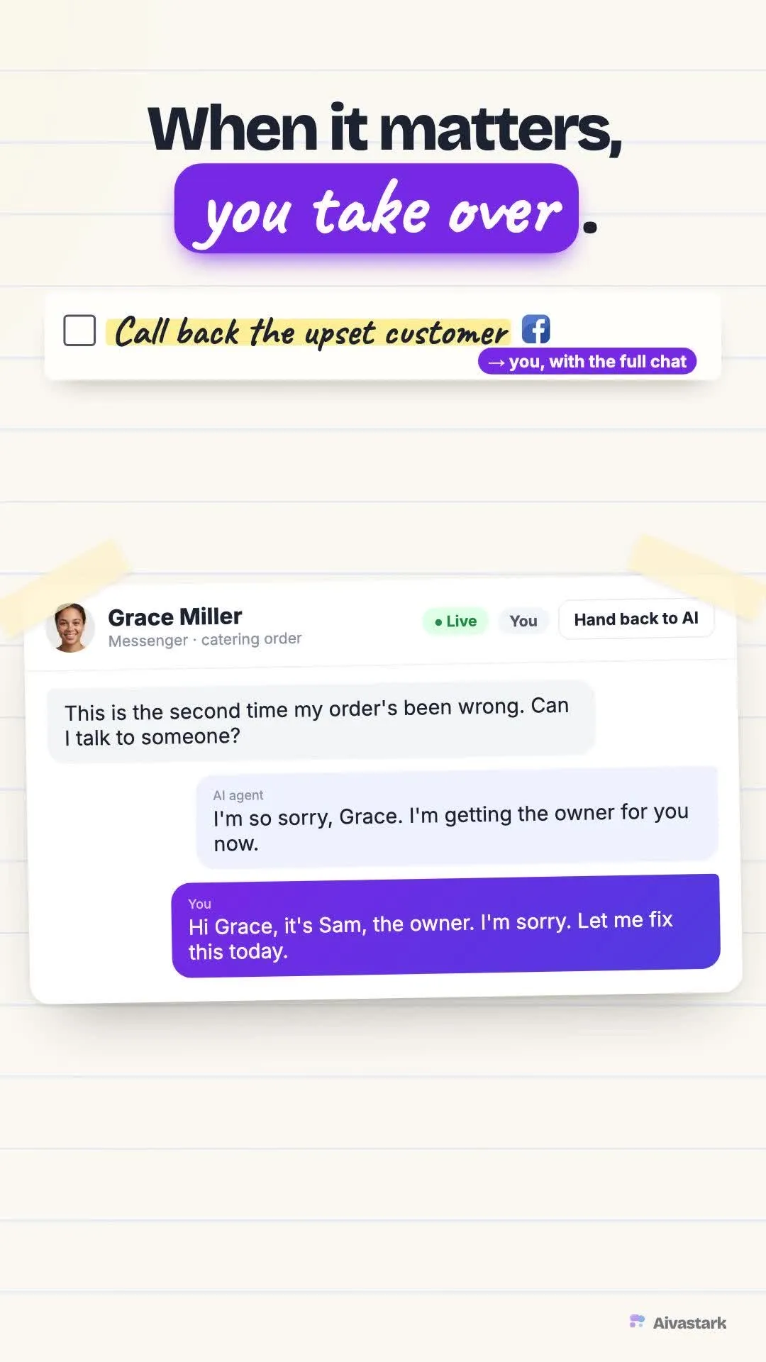 Aivastark film frame: the owner takes over a chat in one click.