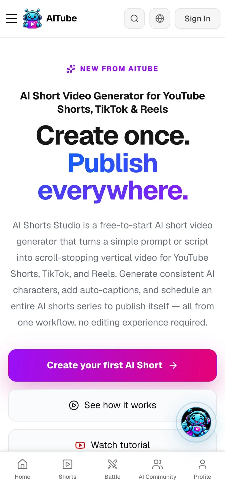 AITube AI Shorts Studio on a phone.