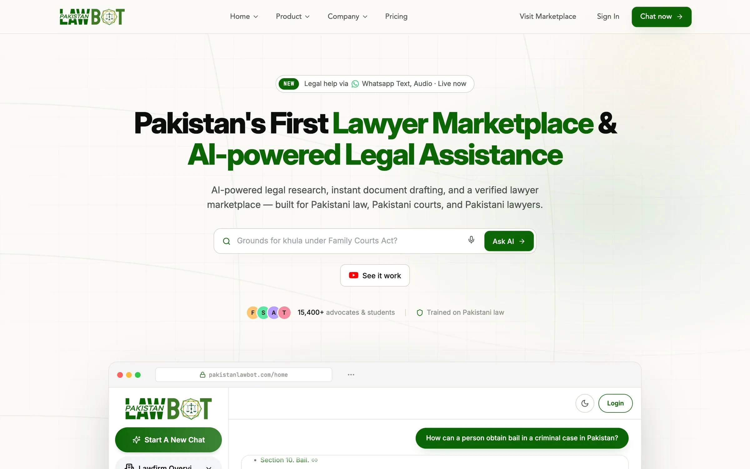 The pakistanlawbot.com landing page: lawyer marketplace and AI legal assistance.